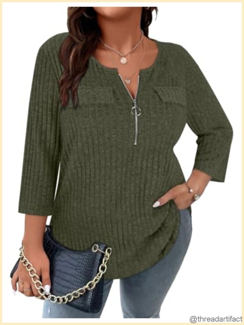 Women's Plus Size Ribbed Sweater Top 3/4 Sleeve Zip V-Neck Casual Tunic